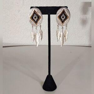 Silver Metal Black Geometric Aztec Dangle Feather Statement Earrings